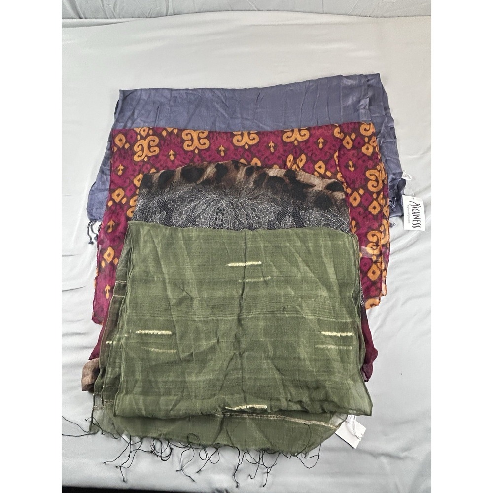 Lot of 4 Women's Fashion Scarves Silk Blend Fringe Patterned Lightweight